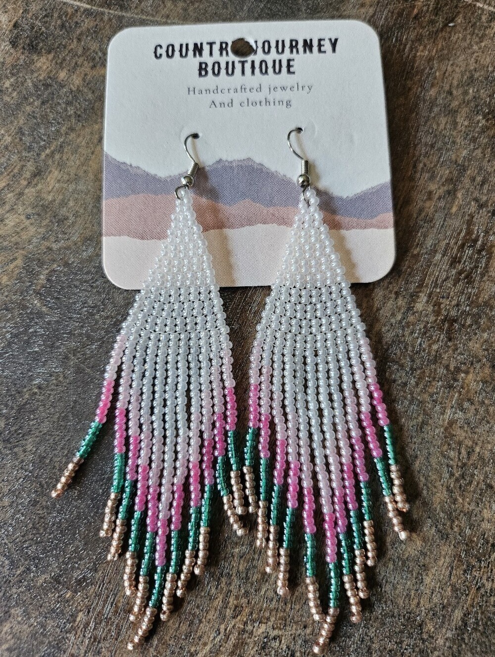 NEW Pink And White Seed Bead Western Boho Fringe Earrings